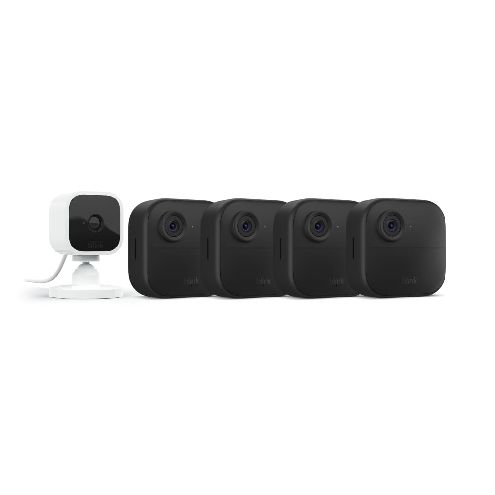 Blink Outdoor 4 (4th Gen) + Blink Mini – Smart security camera, two-way talk, HD live view, motion detection, set up in minutes, Works with Alexa – 4 camera system + Mini (White)