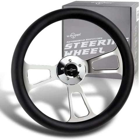 W-Power Black Leather Grip 18' 457 mm 5 Bolt 3 Spoke Vintage Steering Wheel (Chrome Spoke)