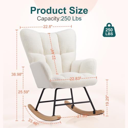 Rocking Chair Nursery, Teddy Upholstered Glider Rocker with High Backrest, Reading Chair Modern Rocking Accent Chairs Glider Recliner for Living Room, Nursery, Bedroom (Beige)