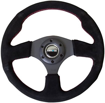 NRG Innovations NRG-RST-012S-RS Reinforced Steering Wheel 320mm Diameter And 25mm Deep Sport Suede Steering Wheel With/Red Stitch/Black Grip Suede, Double Riveted Spokes + Horn Button
