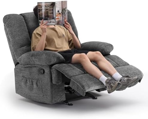 Oversized Rocker Recliner Chair, Wide Manual Recliner with Adjustable Backrest & Footrest, Comfortable Rocking Reclining Sofa for Living Room & Bedroom, Gray