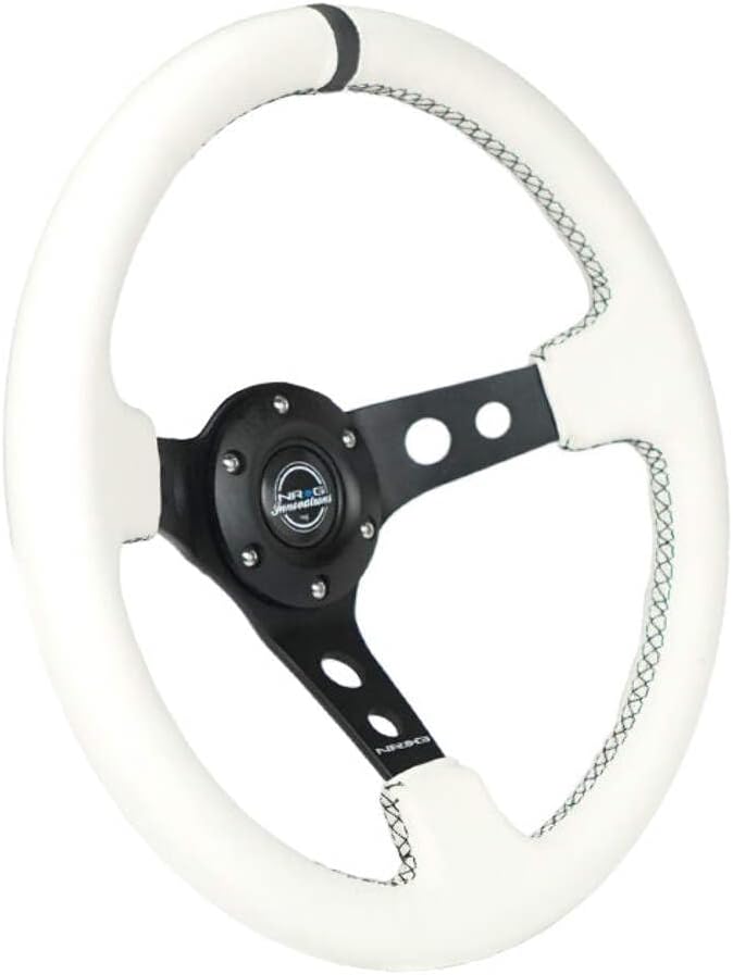NRG Innovations NRG-RST-006BK-WT-B Reinforced Steering Wheel 350mm Sport Steering Wheel (3' Deep), Black Spoke with Round holes, White Leather, White Stripes