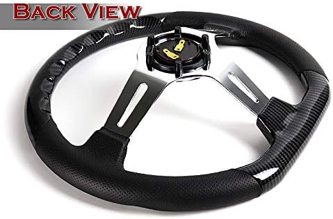 W-Power, 13.5' Universal 343mm 6 Bolt Hole Deep Dish Carbon Fiber Wood with Aluminum Polished Black Leather Grip Steering Wheel, Black Horn Button JDM Euro VIP Style, Silver 3-Spoke