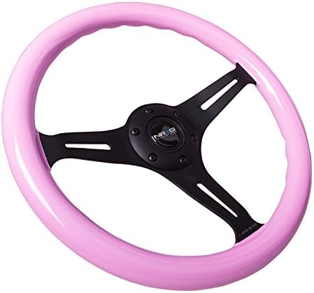 NRG Innovations NRG-ST-015BK-PK Classic Wood Pink Grain Steering Wheel, 350mm 3 Black Spokes, Solid Pink Painted Grip