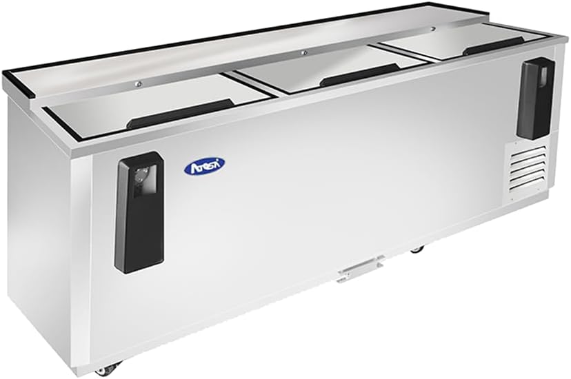 Atosa MBC80GR 81' Insulated Horizontal Bottle Cooler for Restaurant Hotel Casino Pub Bar Beer Cider Soda | 21.2 Cu. Ft. Can Bottle Capacity | 4 Wire Divider, 3 Top Sliding Lid, Stainless Steel, 115V