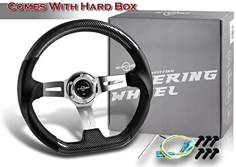 W-Power, 13.5' Universal 343mm 6 Bolt Hole Deep Dish Carbon Fiber Wood with Aluminum Polished Black Leather Grip Steering Wheel, Black Horn Button JDM Euro VIP Style, Silver 3-Spoke