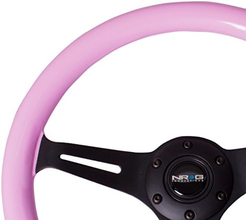 NRG Innovations NRG-ST-015BK-PK Classic Wood Pink Grain Steering Wheel, 350mm 3 Black Spokes, Solid Pink Painted Grip