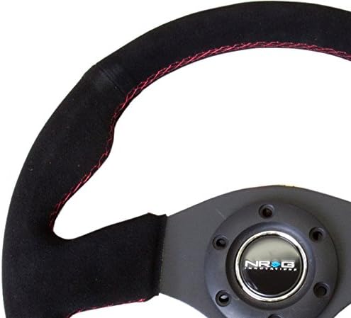 NRG Innovations NRG-RST-012S-RS Reinforced Steering Wheel 320mm Diameter And 25mm Deep Sport Suede Steering Wheel With/Red Stitch/Black Grip Suede, Double Riveted Spokes + Horn Button