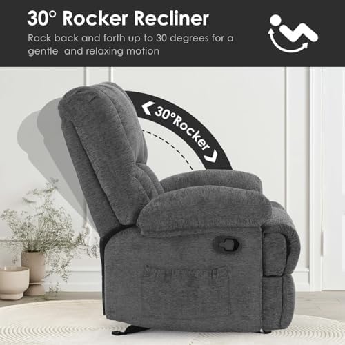 Oversized Rocker Recliner Chair, Wide Manual Recliner with Adjustable Backrest & Footrest, Comfortable Rocking Reclining Sofa for Living Room & Bedroom, Gray