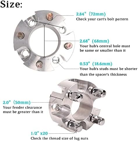 10L0L 2 Inch Golf Cart Wheel Spacers Kit with Lug Nuts - for Yamaha,Club Car,EZGO, 4x4 Bolt Pattern, 68mm Hub Bore, 1/2-20 Studs, CNC Aluminum, 4 Pack Wheel Hub Adapters