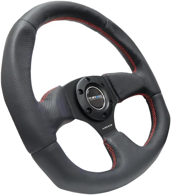 NRG Innovations NRG-RST-009R-RS Reinforced Steering Wheel Black Leather Steering Wheel with Red Stitch
