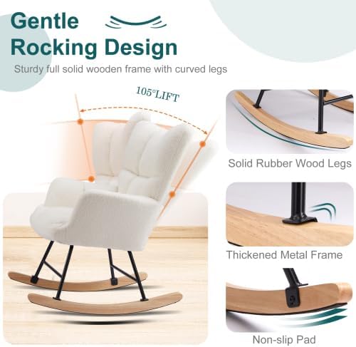 Rocking Chair Nursery, Teddy Upholstered Glider Rocker with High Backrest, Reading Chair Modern Rocking Accent Chairs Glider Recliner for Living Room, Nursery, Bedroom (Beige)