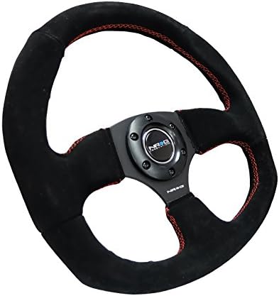 NRG Innovations NRG-RST-009S-RS Reinforced Steering Wheel Suede Leather Steering Wheel With/RED Stitch D-Shape Flat Bottom 320MM / 330MM