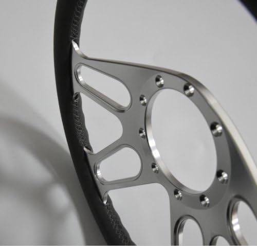 14'' Billet Steering Wheel Dark Gray Half Wrap w/Horn button | 9 bolt, 6061 T6 Aluminum, 2'' Dish, Polished, Vinyl, Trickster, Compatible with Chevy, Hot Rod