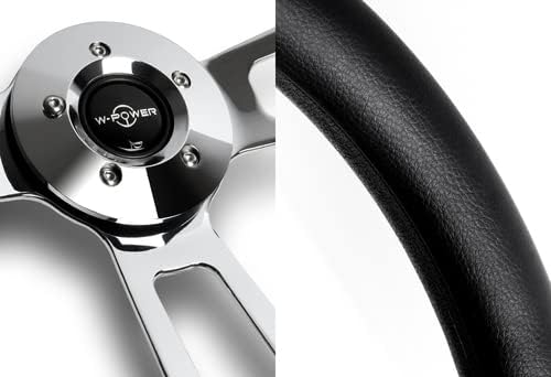 W-Power Black Leather Grip 18' 457 mm 5 Bolt 3 Spoke Vintage Steering Wheel (Chrome Spoke)