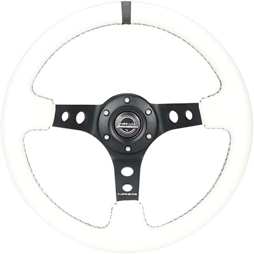 NRG Innovations NRG-RST-006BK-WT-B Reinforced Steering Wheel 350mm Sport Steering Wheel (3' Deep), Black Spoke with Round holes, White Leather, White Stripes