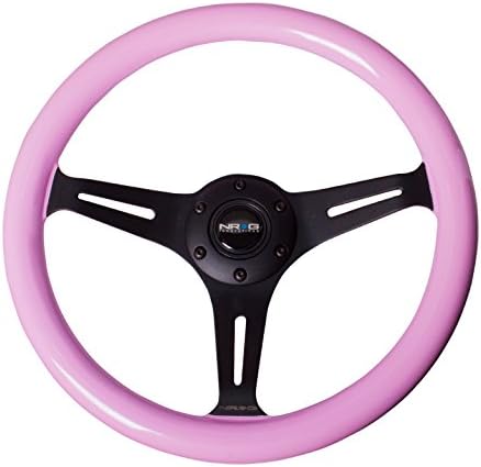 NRG Innovations NRG-ST-015BK-PK Classic Wood Pink Grain Steering Wheel, 350mm 3 Black Spokes, Solid Pink Painted Grip