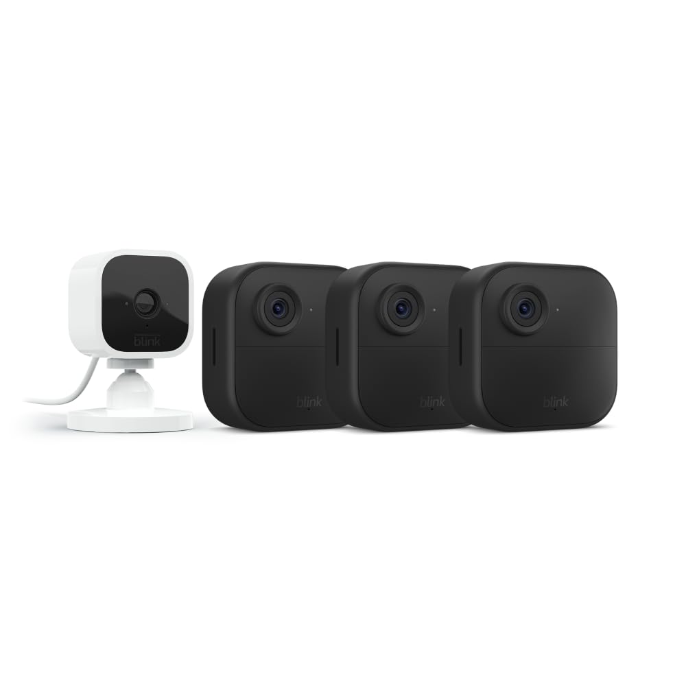 Blink Outdoor 4 (4th Gen) + Blink Mini – Smart security camera, two-way talk, HD live view, motion detection, set up in minutes, Works with Alexa – 3 camera system + Mini (White)