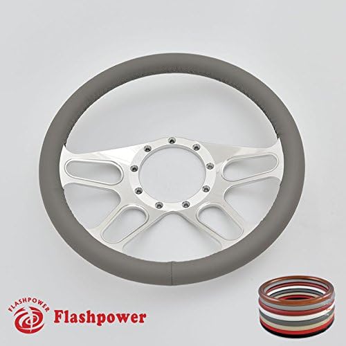 14'' Billet Steering Wheel Dark Gray Half Wrap w/Horn button | 9 bolt, 6061 T6 Aluminum, 2'' Dish, Polished, Vinyl, Trickster, Compatible with Chevy, Hot Rod