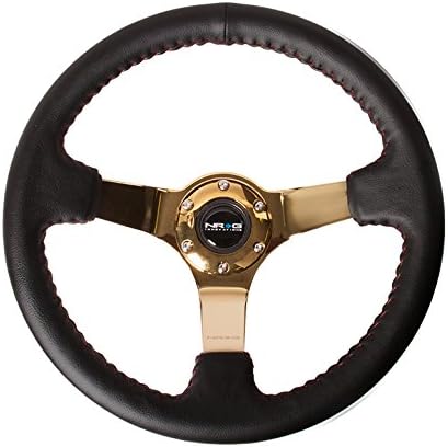NRG Innovations NRG-RST-036CG Reinforced Steering Wheel (3' Deep, 4mm) 350mm Sport Wheel, Black Leather, Red Baseball Stitch, Gold Spoke