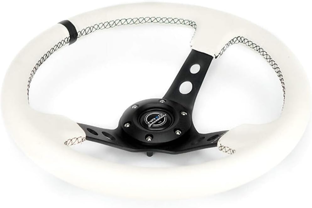NRG Innovations NRG-RST-006BK-WT-B Reinforced Steering Wheel 350mm Sport Steering Wheel (3' Deep), Black Spoke with Round holes, White Leather, White Stripes