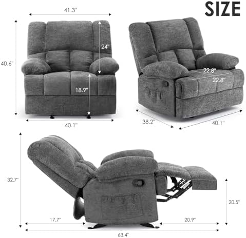 Oversized Rocker Recliner Chair, Wide Manual Recliner with Adjustable Backrest & Footrest, Comfortable Rocking Reclining Sofa for Living Room & Bedroom, Gray