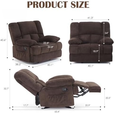 Oversized Rocker Recliner Chair, Wide Manual Recliner with Adjustable Backrest & Footrest, Comfortable Rocking Reclining Sofa for Living Room & Bedroom, Chocolate
