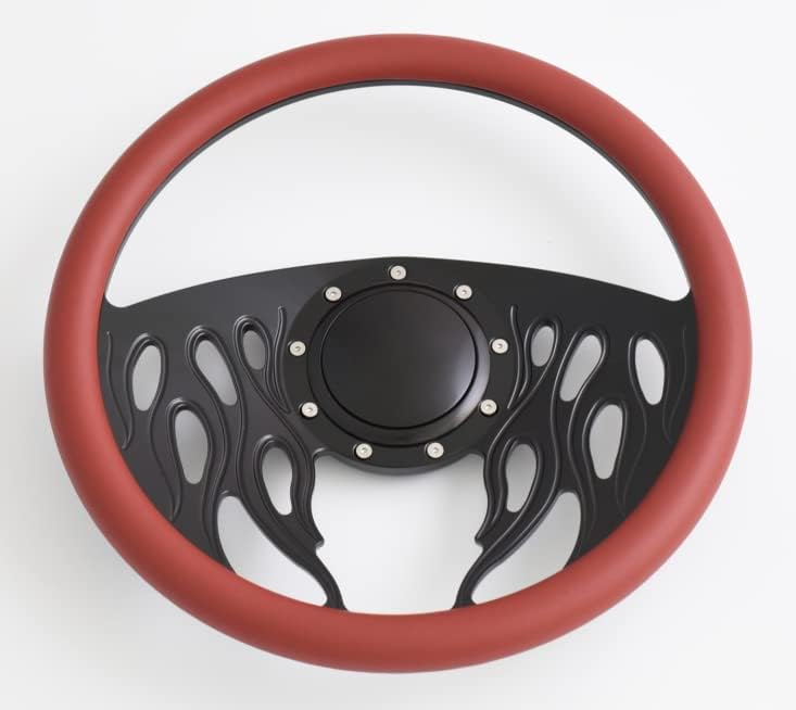 14'' Black Billet Steering Wheels With Burgundy Half Wrap and Horn Button