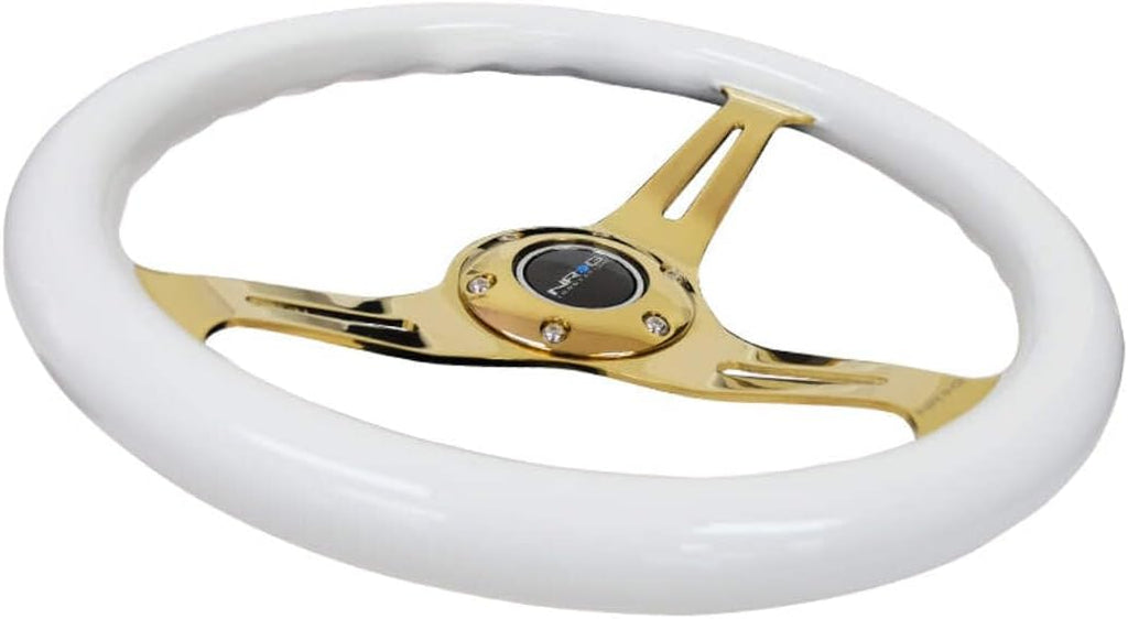 NRG Innovations NRG-ST-015CG-WT Steering Wheel - 350mm 25mm Deep Configuration 3 Chrome Gold Spokes Classic White Wood Grain Wheel/White Grip