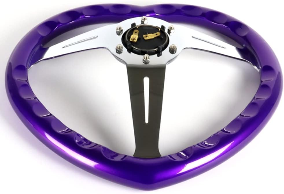 W-Power,13.5' Universal 343mm 6 Bolt Hole 3-Inche Deep Dish Aluminum Polished Heart-Shaped with Wood Grip Steering Wheel, Black Horn Button JDM Euro VIP Style, 3-Spoke (Purple)