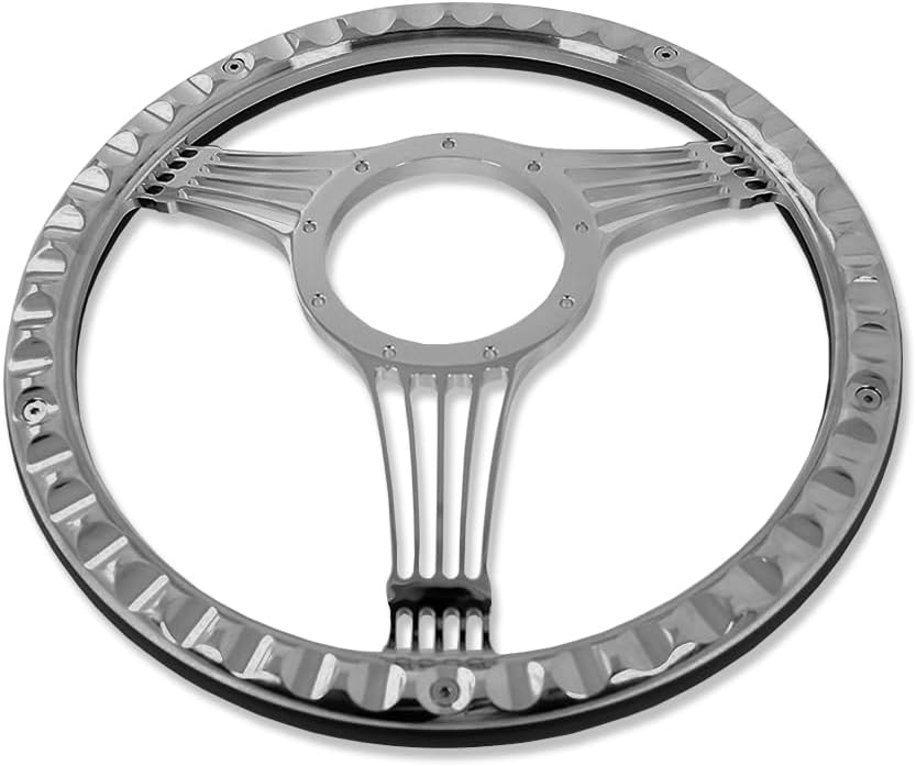 Chrome 14' Billet Aluminum 9 Holes Steering Wheel Banjo Style with Black Leather Half Wrap & Smooth Horn Button & Adapter