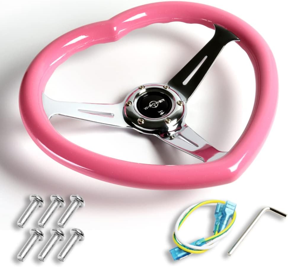 W-Power,13.5' Universal 343mm 6 Bolt Hole 3-Inche Deep Dish Aluminum Polished Heart-Shaped with Wood Grip Steering Wheel, Black Horn Button JDM Euro VIP Style, 3-Spoke (Pink)