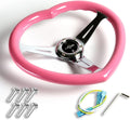 W-Power,13.5' Universal 343mm 6 Bolt Hole 3-Inche Deep Dish Aluminum Polished Heart-Shaped with Wood Grip Steering Wheel, Black Horn Button JDM Euro VIP Style, 3-Spoke (Pink)