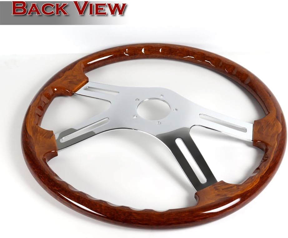 W-Power, 18' Universal 457mm 5 Bolt Hole 2 Inches Deep with Aluminum Polished Vintage Style Wood Grip Steering Wheel, Chrome Horn Button, 4 Spoke (Dark Wood Grip/Chrome Spoke)