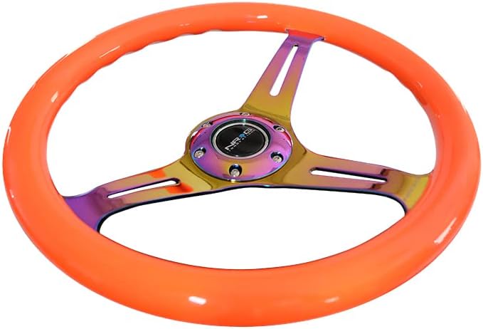 NRG Innovations NRG-ST-015MC-NOR Classic Wood Grain Steering Wheel, 350mm 3 Neochrome Spokes-Neon Orange Color
