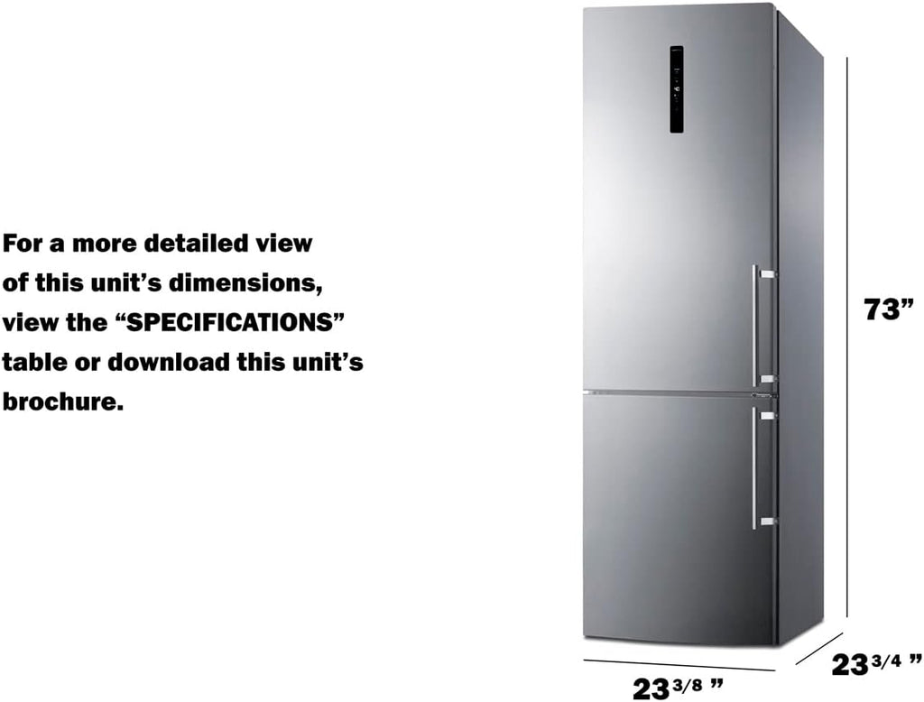 Summit Appliance FFBF249SS2LHD 24' Wide Bottom Freezer Refrigerator; Stainless Steel Doors; 10.6 cu.ft Capacity; Open Door Alarm; Digital Thermostats; Frost-Free/Automatic, Child Lock