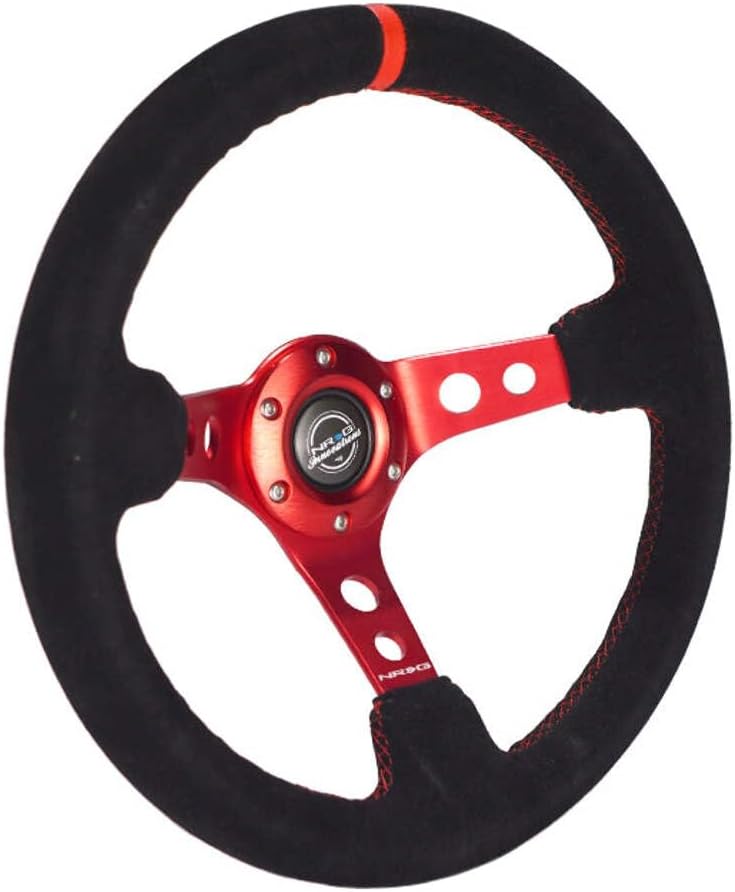 NRG Innovations NRG-RST-006S-RD Reinforced Steering Wheel - 350mm Sport Steering Wheel (3' Deep) - Red Spoke with Round Holes, Black Leather, Red Stitching/Center Mark