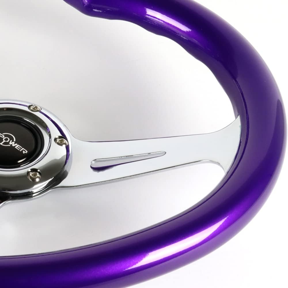 W-Power,13.5' Universal 343mm 6 Bolt Hole 3-Inche Deep Dish Aluminum Polished Heart-Shaped with Wood Grip Steering Wheel, Black Horn Button JDM Euro VIP Style, 3-Spoke (Purple)