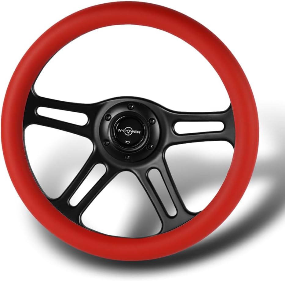 W-Power, 14' Universal 350mm 6 Bolt Hole Vintage Style with Aluminum Polished Special Leather Grip Steering Wheel, Black Horn Button, 4-Spoke (Red Leather/Black Spoke)