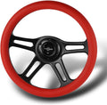 W-Power, 14' Universal 350mm 6 Bolt Hole Vintage Style with Aluminum Polished Special Leather Grip Steering Wheel, Black Horn Button, 4-Spoke (Red Leather/Black Spoke)