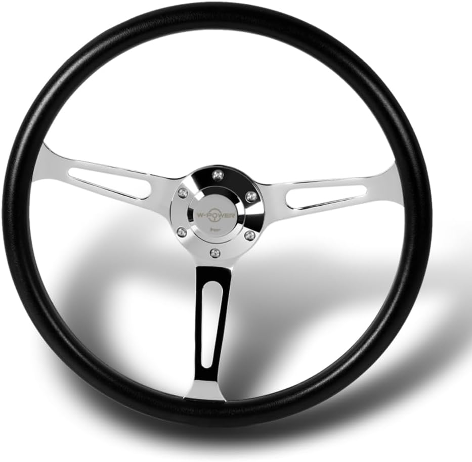 W-Power, 15' Reinforced 380mm 6 Bolt Hole Aluminum Finised Black Vinyl Wrap Trim Steering Wheel, Chrome Horn Button JDM Euro VIP Style, 3' Deep (Black Vinyl Wrap/Chrome Spoke)