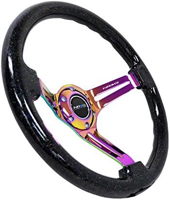 NRG Innovations NRG-RST-018BSB-MC Reinforced Classic Wood Grain Steering Wheel, 350mm, 75mm Deep, 3 Spoke Slotted Center Neochrome With Black Multi Color Flake Wood Double Riveted Spokes