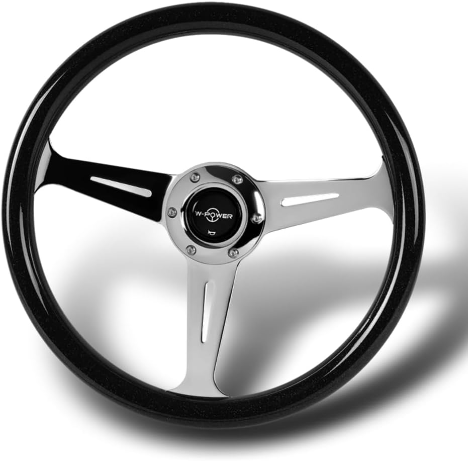 W-Power, 14' Universal 350mm 6 Bolt Hole Aluminum Polished 'Galaxy' Wood Grain Trim Steering Wheel, 3-Spoke, Black Horn Button JDM VIP Style (Black Sparkled Wood Grip - Chrome Center)