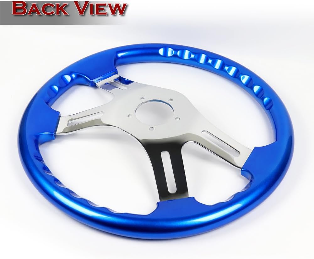 W-Power, 16' Universal 406mm 5 Bolt Hole 2 Inches Deep with Aluminum Polished Vintage Style Wood Grip Steering Wheel, Chrome Horn Button (Blue Wood Grip/Chrome Spokes)