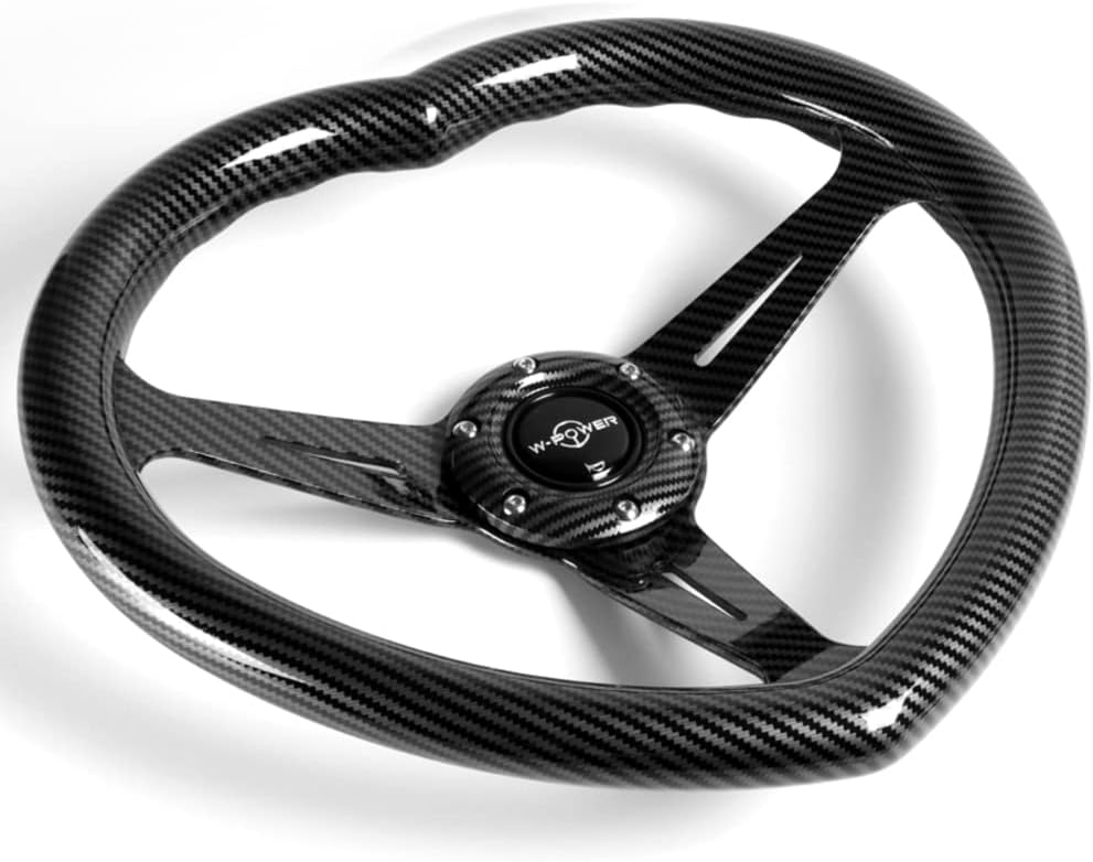 W-Power,13.5' Universal 343mm 6 Bolt Hole 3-Inche Deep Dish Aluminum Polished Heart-Shaped with Wood Grip Steering Wheel, Black Horn Button JDM Euro VIP Style, 3-Spoke (Carbon Black)