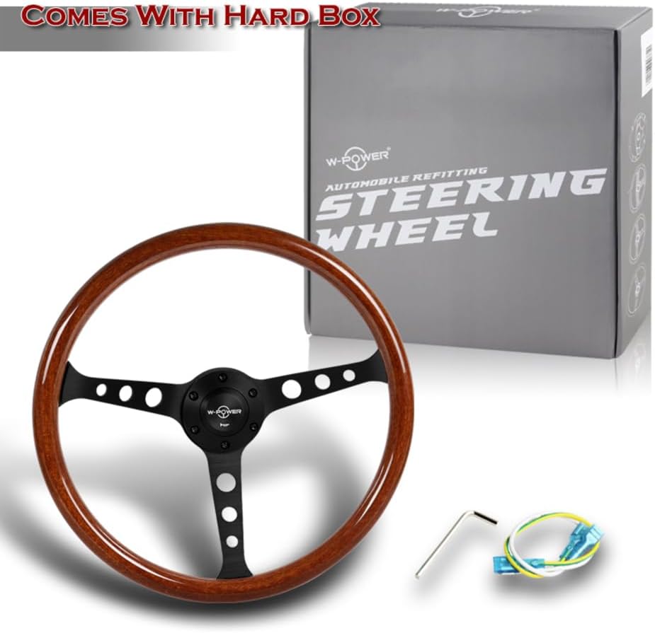 W-Power, 15' Reinforced 380mm 6 Bolt Hole Aluminum Finised Brown Wood Grain Trim Steering Wheel, Black Horn Button JDM Euro VIP Style, 3' Deep (Brown Wood Grain/Matt Black Spoke)