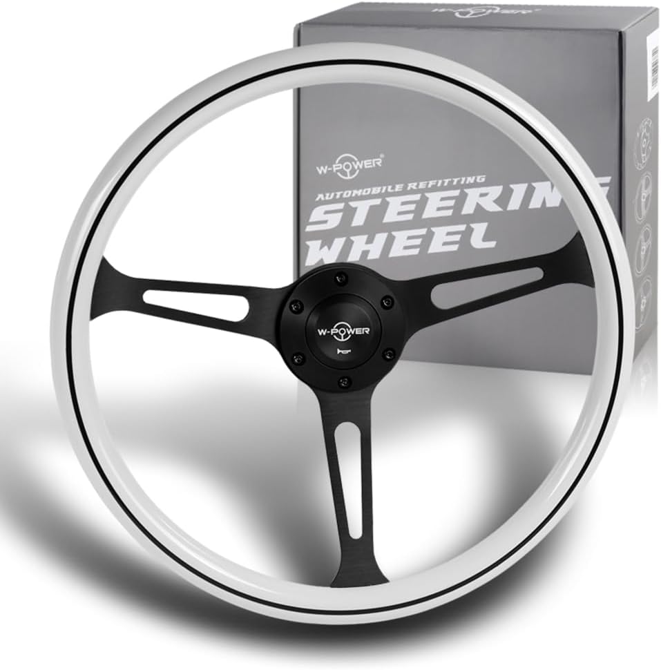 W-Power, 15' Reinforced 380mm 6 Bolt Hole Aluminum Finised White Wood Grain Trim Steering Wheel, Black Horn Button JDM Euro VIP Style, 3' Deep (White Wood Grain/Matt Black Spoke)