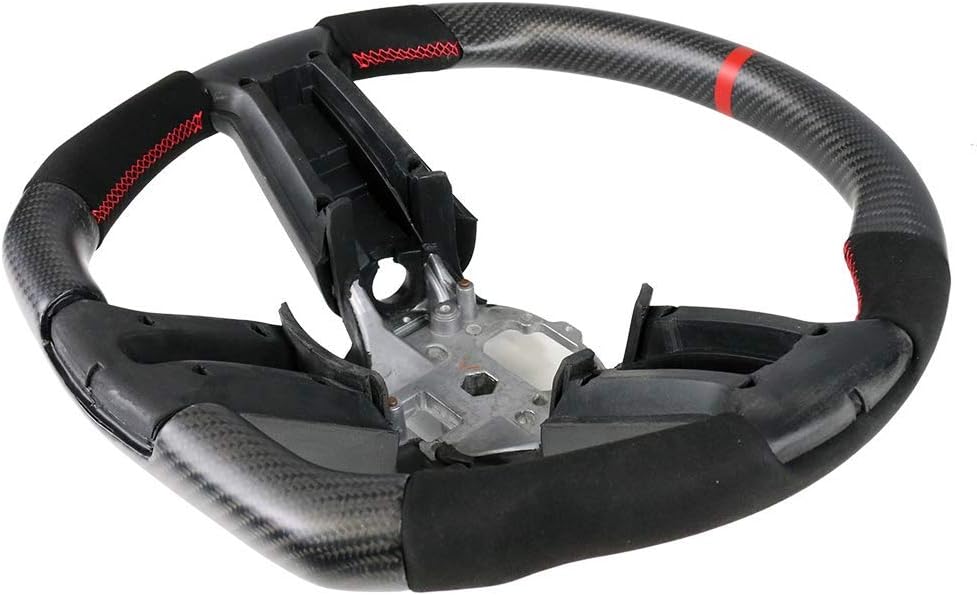 IKON MOTORSPORTS, Steering Wheel Compatible With 2010-2014 Ford Mustang, Matte Carbon Fiber MCF & Synthetic Suede Steering Wheel Brushed Kit With Red Stitching & Indicator, 2011 2012 2013
