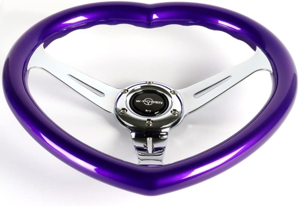 W-Power,13.5' Universal 343mm 6 Bolt Hole 3-Inche Deep Dish Aluminum Polished Heart-Shaped with Wood Grip Steering Wheel, Black Horn Button JDM Euro VIP Style, 3-Spoke (Purple)