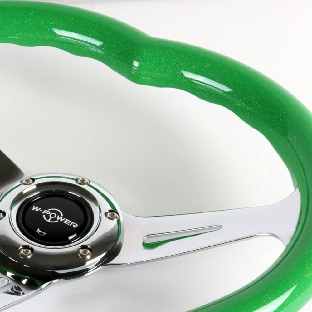 W-Power,13.5' Universal 343mm 6 Bolt Hole 3-Inche Deep Dish Aluminum Polished Heart-Shaped with Wood Grip Steering Wheel, Black Horn Button JDM Euro VIP Style, 3-Spoke (Green)
